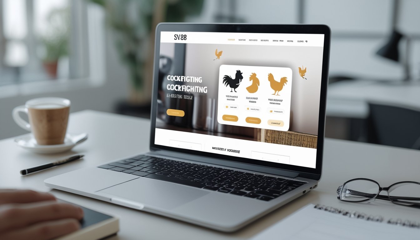 Sebuah meja kerja dengan laptop yang menampilkan tampilan situs taruhan sabung ayam online, dikelilingi cangkir kopi dan alat tulis.