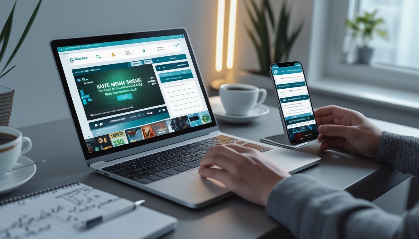 Meja kerja dengan laptop dan ponsel yang menampilkan situs web, tangan seseorang sedang mengetik, dan buku catatan di samping.
