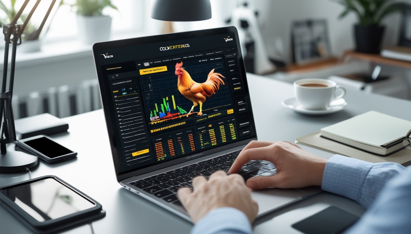 Seseorang menggunakan laptop di meja kerja dengan tampilan situs web terkait sabung ayam online, dikelilingi oleh ponsel, kopi, dan buku catatan.