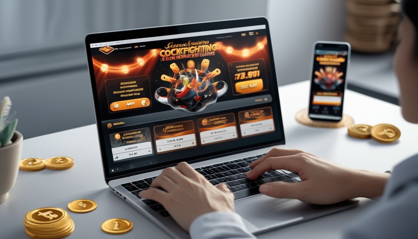 Tangan seseorang sedang menggunakan laptop dengan tampilan situs web terkait sabung ayam dan bonus anggota baru, di meja kerja yang rapi.
