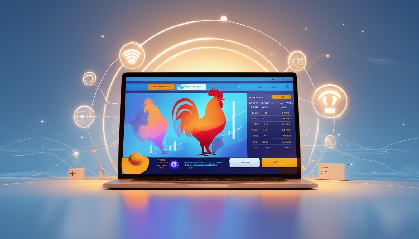 Sebuah laptop modern menampilkan antarmuka digital dengan siluet ayam jago dan grafik taruhan, dikelilingi oleh elemen teknologi dan konektivitas.