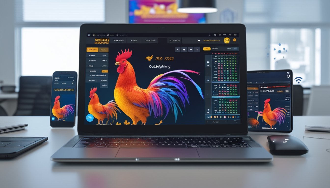 Meja kerja modern dengan laptop dan ponsel yang menampilkan antarmuka taruhan sabung ayam online, dikelilingi perangkat teknologi di ruang kantor yang terang.