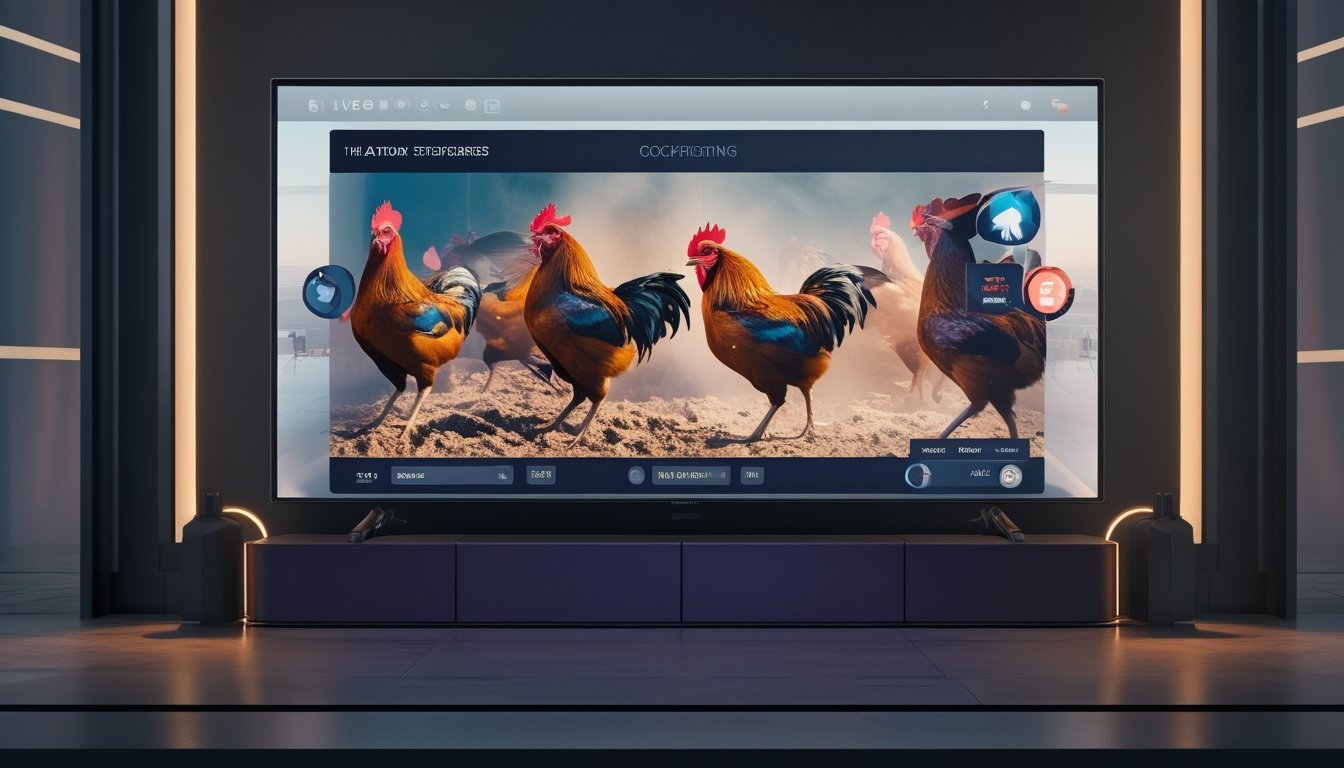 Layar besar menampilkan streaming langsung pertandingan sabung ayam dengan suasana ruangan modern dan pencahayaan redup.