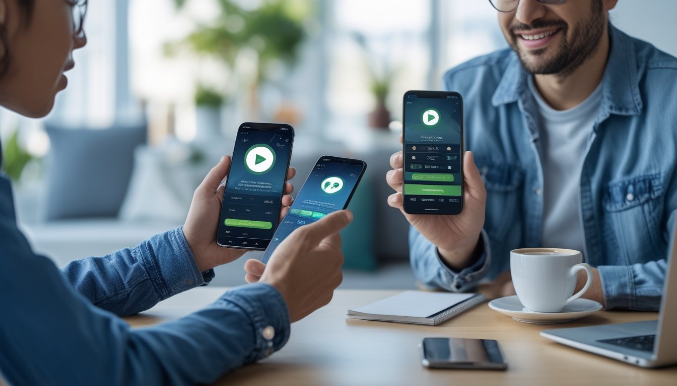 Dua orang menggunakan ponsel Android dan iPhone di dalam ruangan dengan pencahayaan alami, fokus pada layar ponsel mereka.