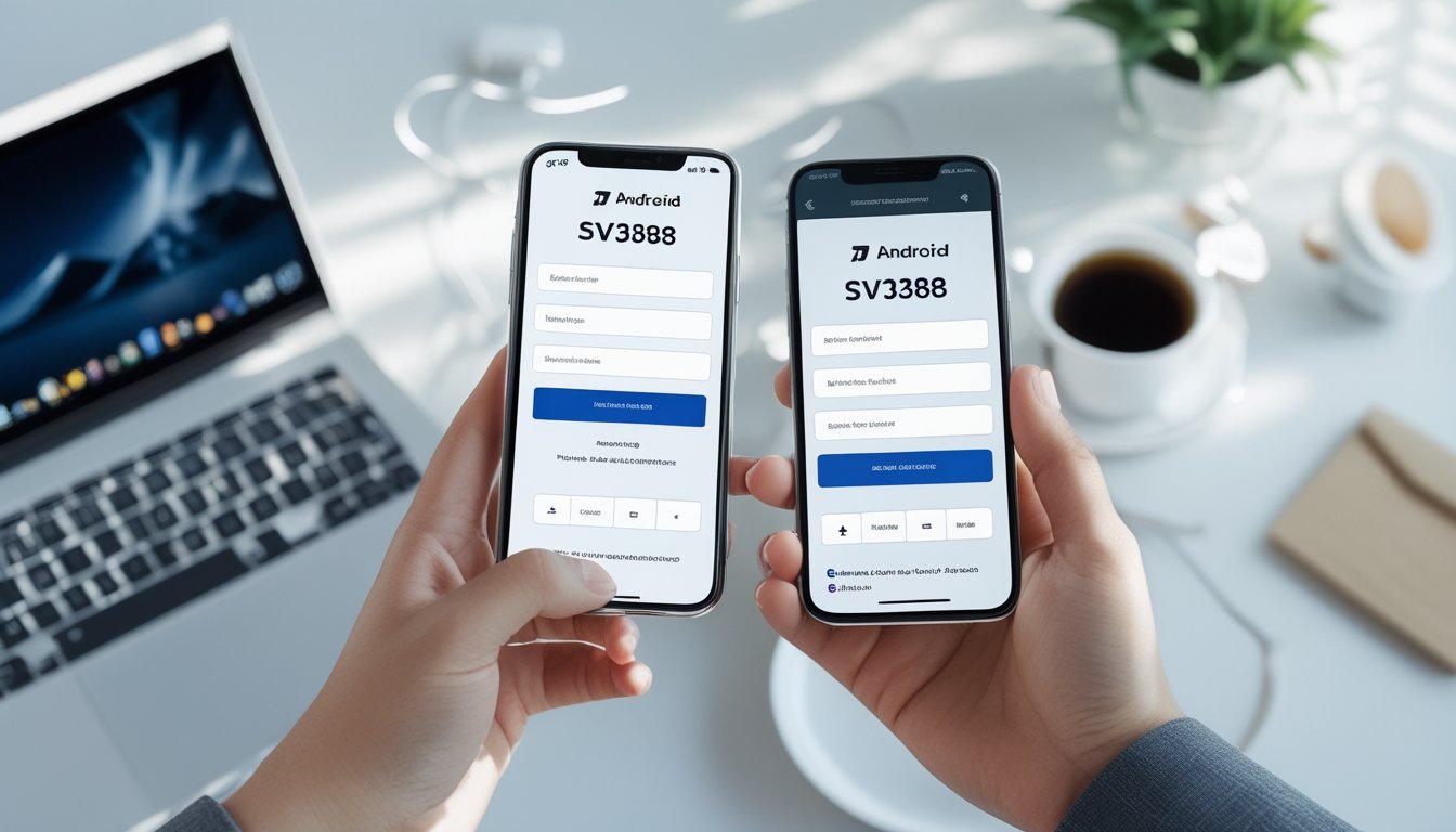 Seseorang menggunakan dua ponsel, Android dan iPhone, untuk mendaftar akun di platform SV388 dengan latar belakang meja kerja yang rapi.
