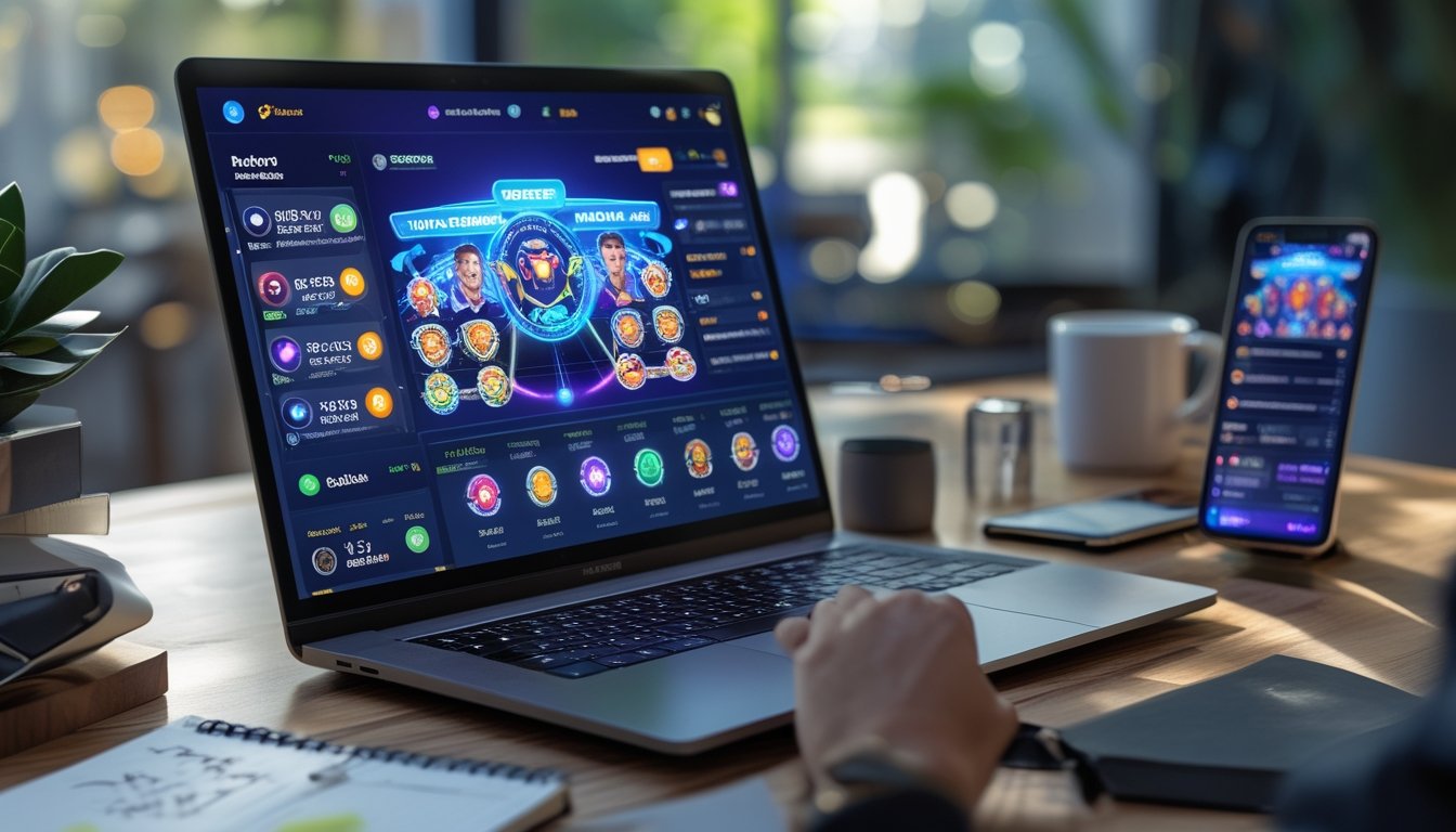 Meja kerja dengan laptop dan ponsel yang menampilkan aplikasi permainan dan taruhan online, dikelilingi oleh alat tulis dan secangkir kopi.
