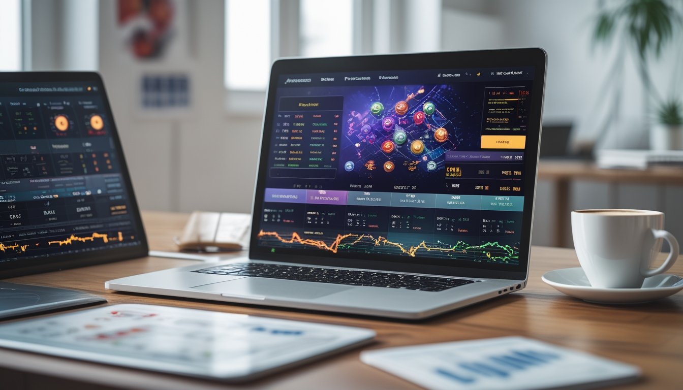 Seorang pengguna duduk di depan komputer dengan layar menampilkan antarmuka platform taruhan online, di meja terdapat grafik dan secangkir kopi.