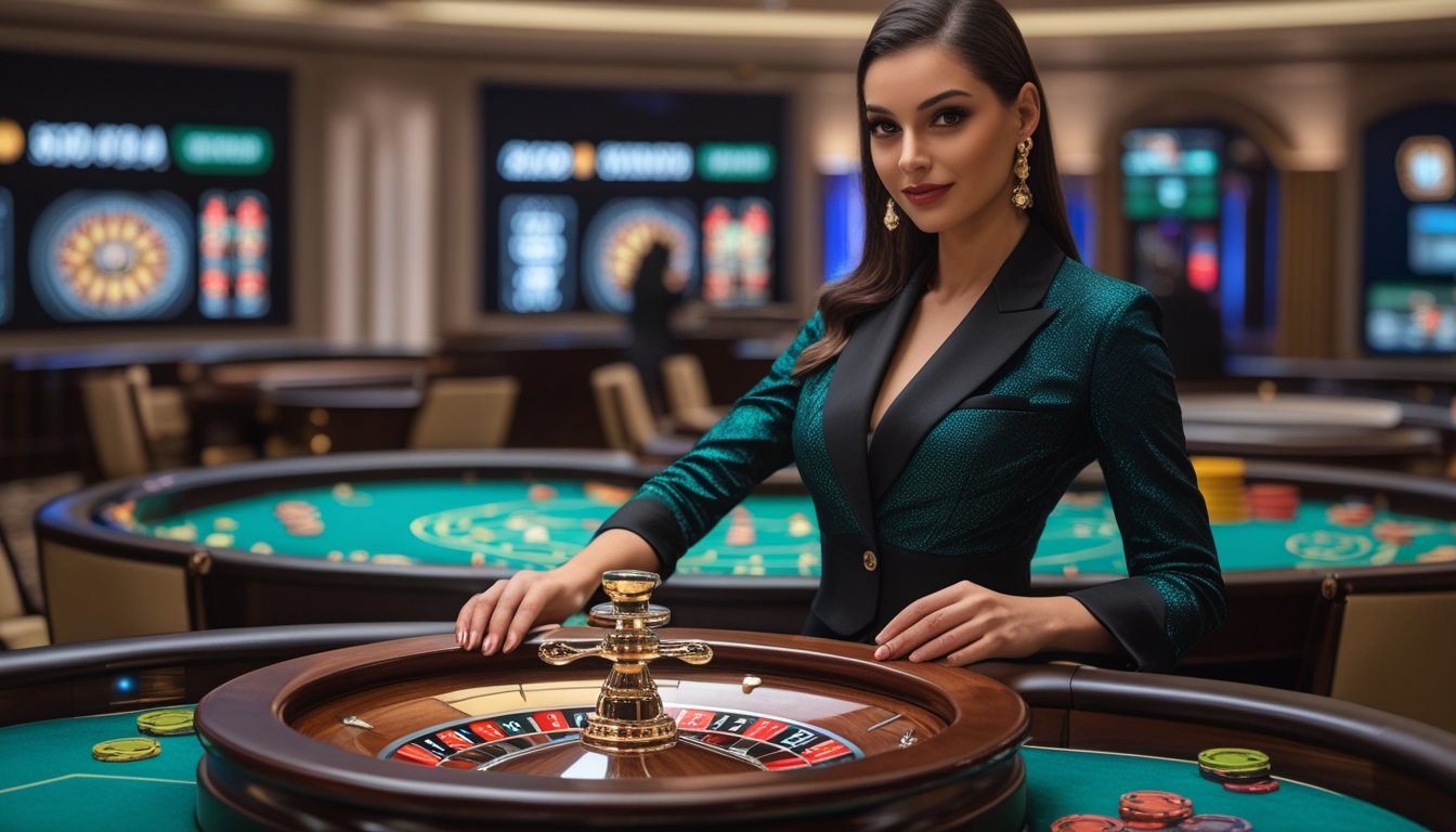 Seorang dealer wanita cantik berdiri di belakang meja roulette dengan suasana kasino mewah dan roda roulette yang sedang berputar.