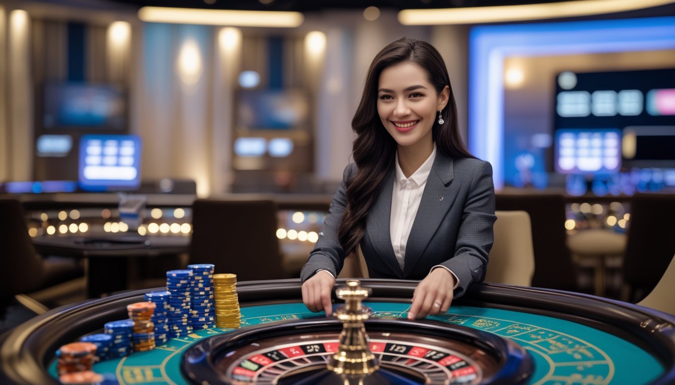 Seorang dealer wanita cantik tersenyum di meja roulette live dengan roda roulette berputar dan tumpukan chip di depan, di sebuah studio dengan pencahayaan lembut.