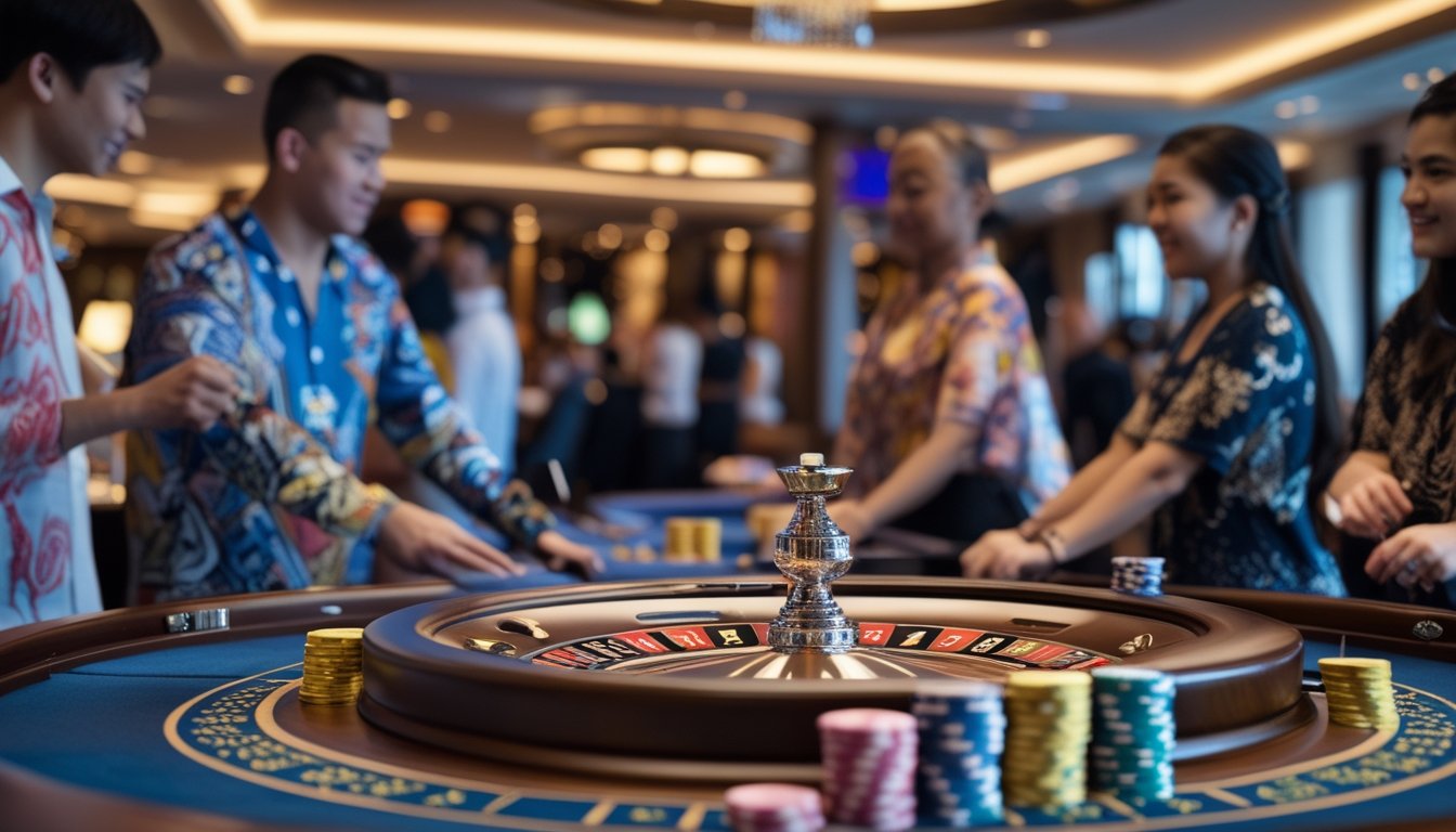 Meja roulette langsung dengan pemain yang fokus dan suasana kasino yang ramai.