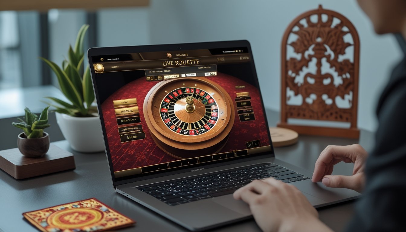 Seorang pemain sedang menggunakan komputer untuk bermain roulette langsung dengan latar belakang elemen budaya Indonesia.