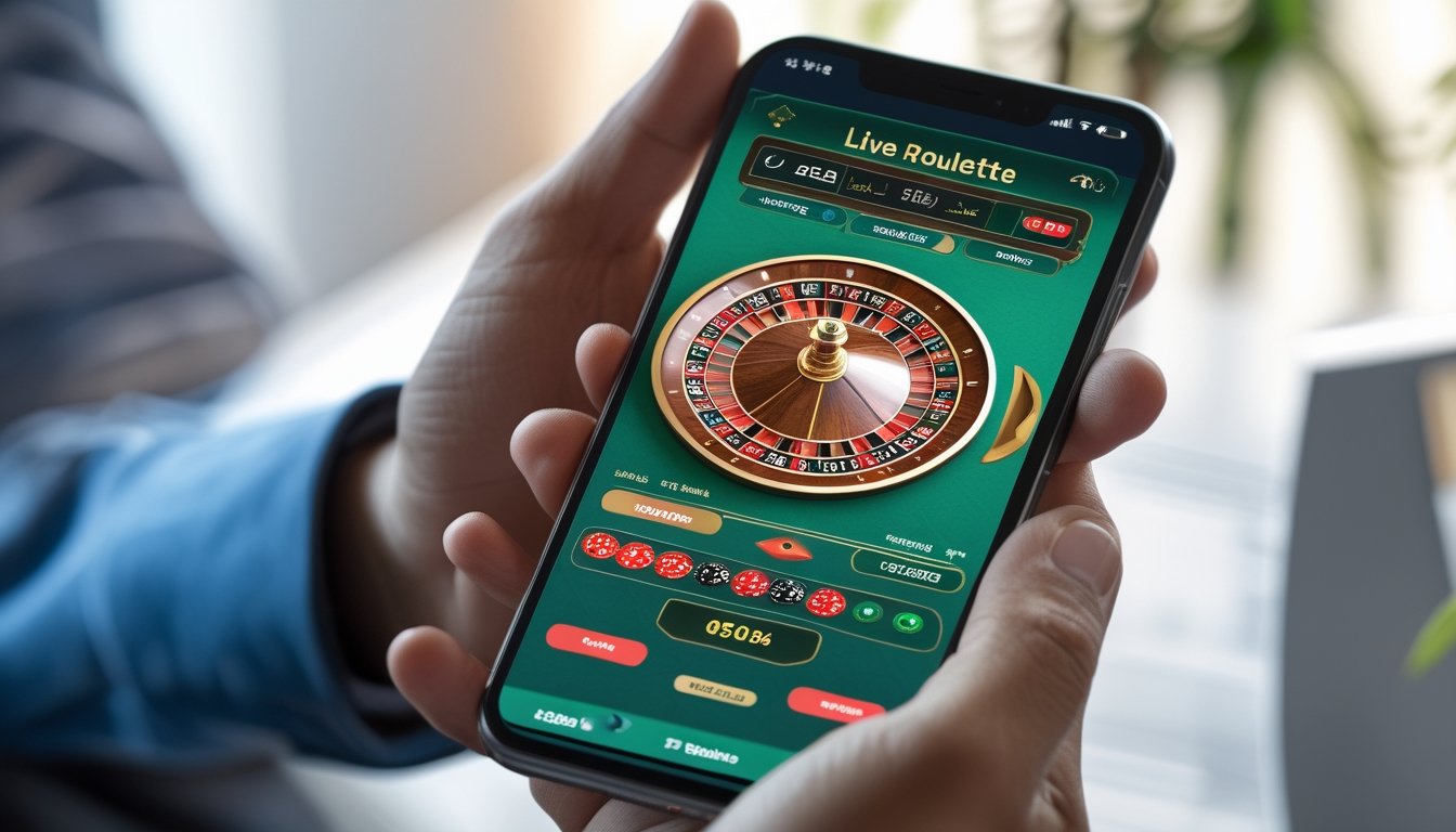 Seseorang memegang ponsel yang menampilkan permainan roulette langsung di layar.