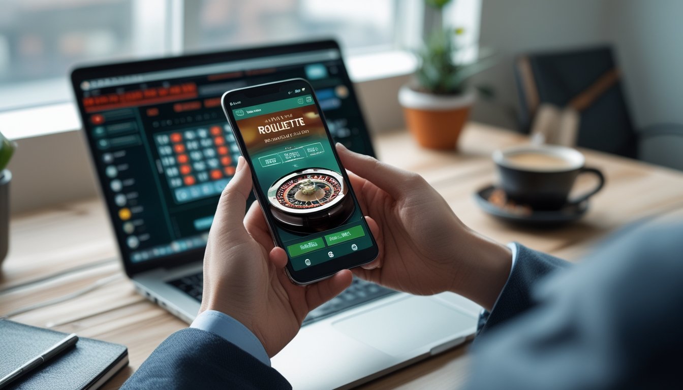 Seseorang menggunakan ponsel pintar di meja kerja dengan laptop dan kopi, sedang mendaftar permainan roulette secara online.