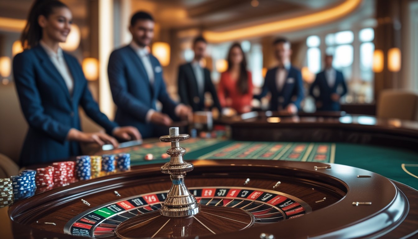 Meja roulette langsung di kasino dengan roda roulette berputar dan pemain serta dealer di latar belakang.