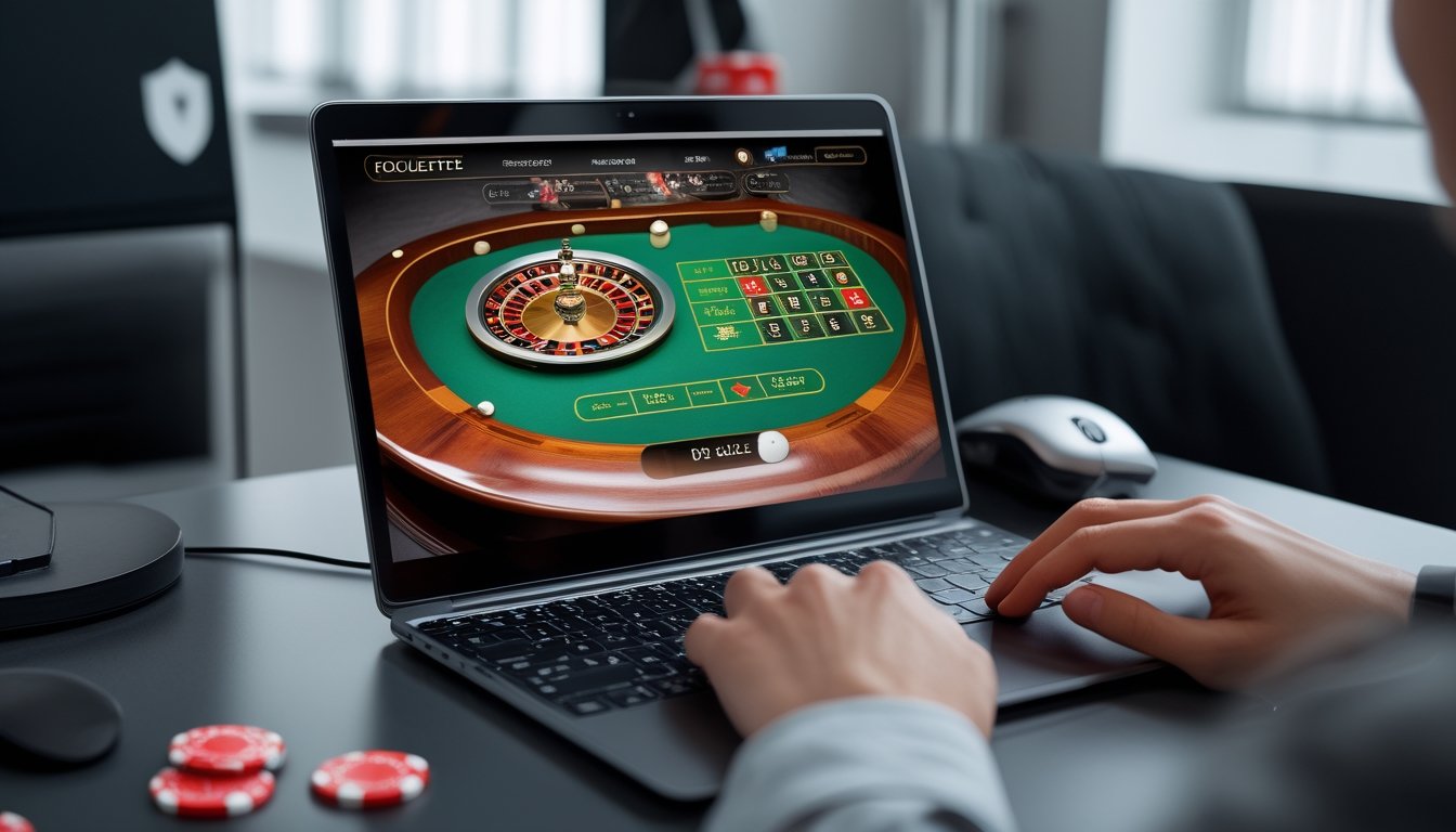 Sebuah laptop menampilkan permainan live roulette dengan roda roulette berputar dan meja taruhan, di meja kerja yang bersih dan modern.