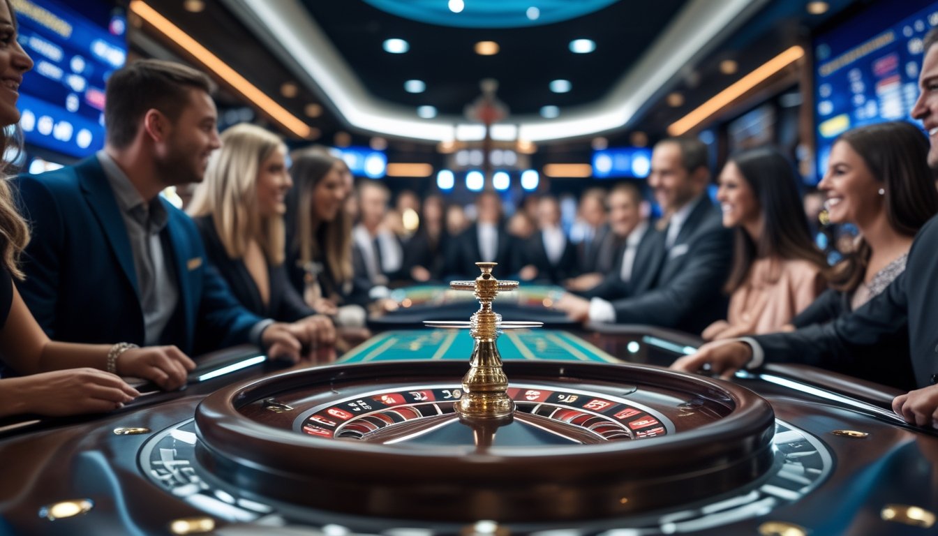 Meja roulette hidup dengan pemain yang antusias di kasino modern, bola putih berputar di roda roulette yang berwarna-warni.