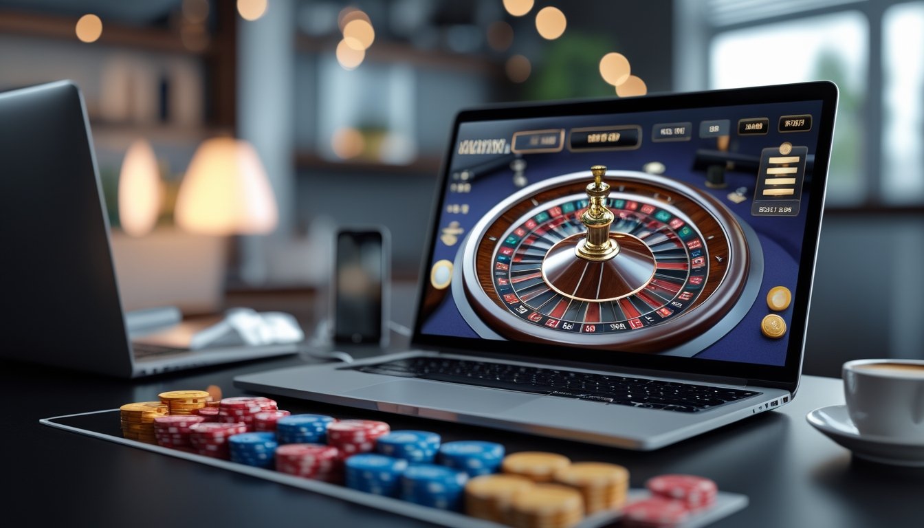 Sebuah meja dengan komputer menampilkan roda roulette online yang berputar dan beberapa chip taruhan, di ruangan modern dengan pencahayaan hangat.