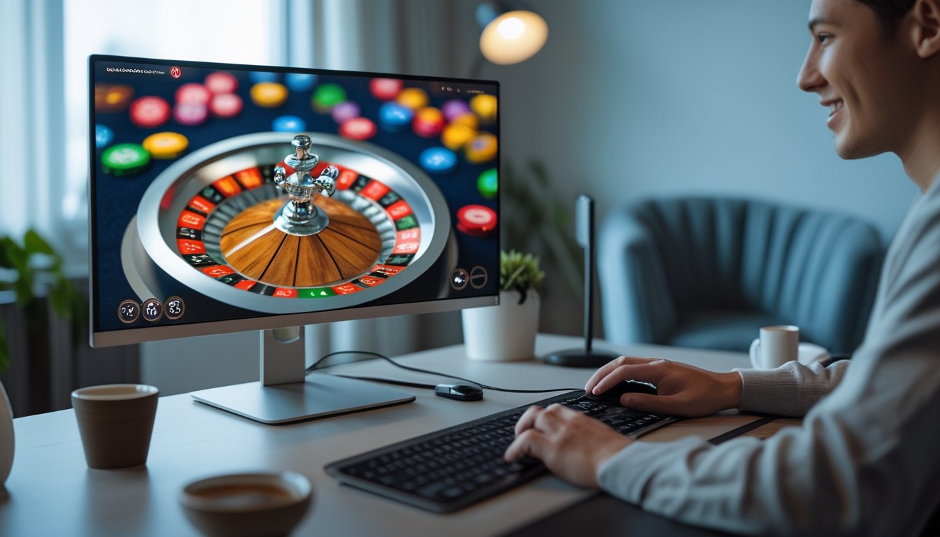 Seseorang bermain roulette online di depan komputer dengan roda roulette digital yang berputar dan chip warna-warni di layar.