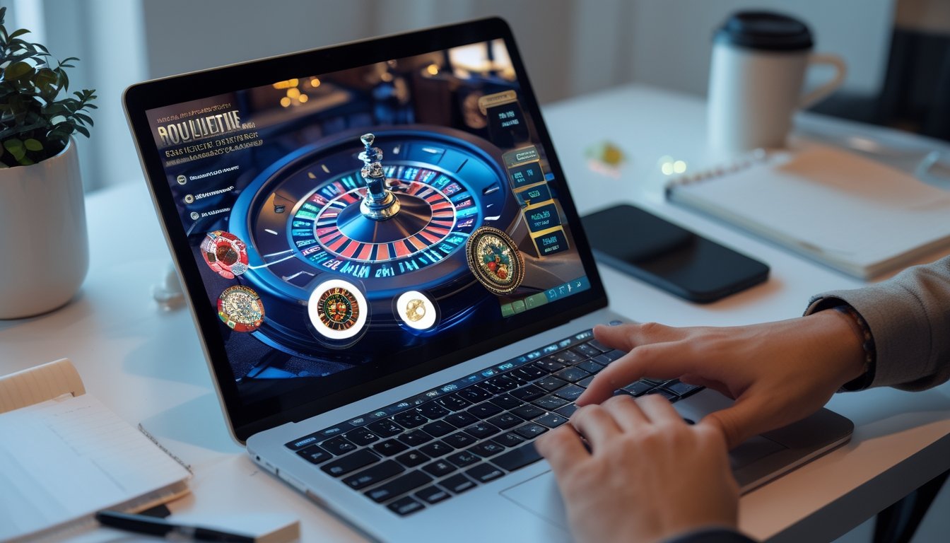 Seorang pengguna bermain roulette langsung online di komputer dengan meja kerja yang rapi dan alat tulis di sekitar.