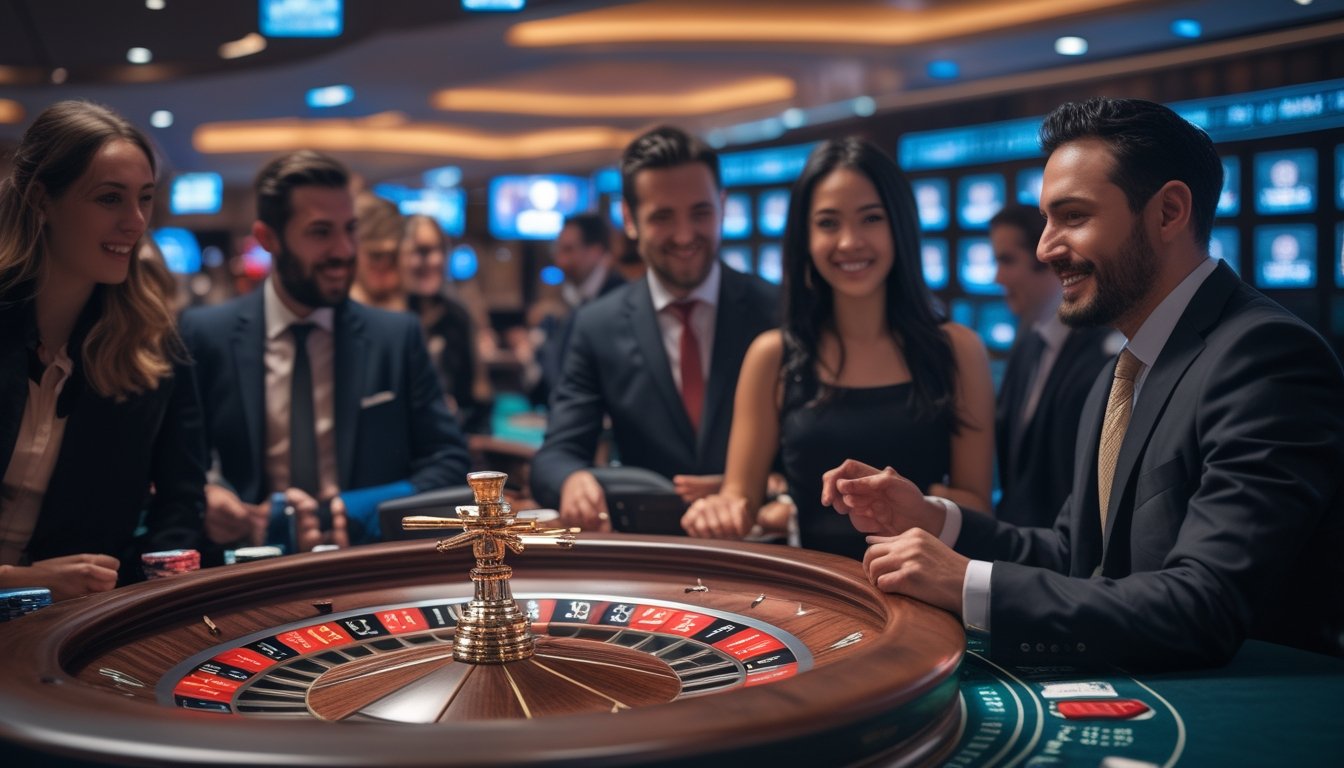 Meja roulette langsung dengan pemain yang antusias dan alat pembayaran digital di latar belakang.