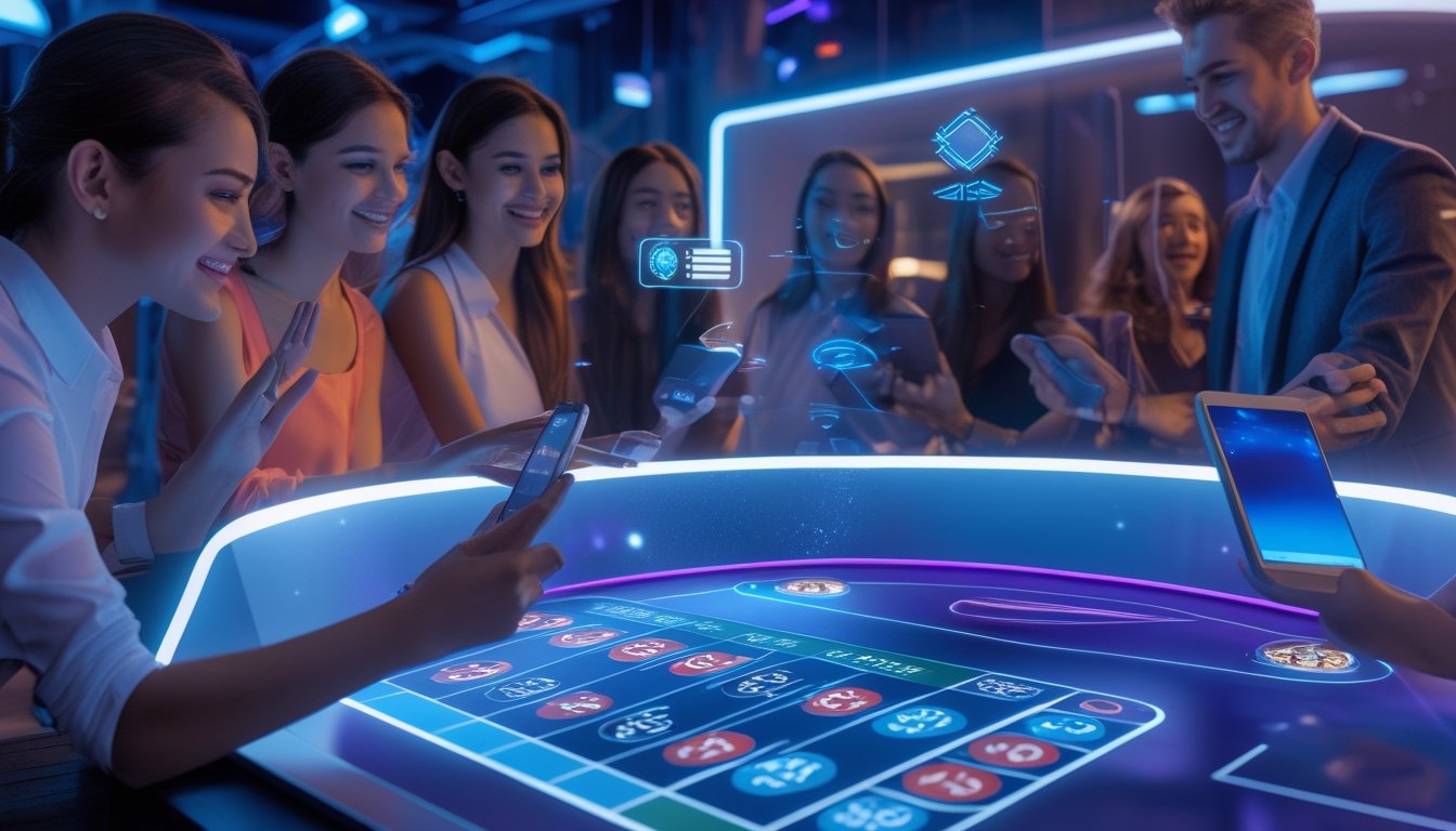 Orang-orang menggunakan perangkat digital untuk bermain roulette online dengan meja roulette futuristik dan ikon pembayaran digital di latar belakang.