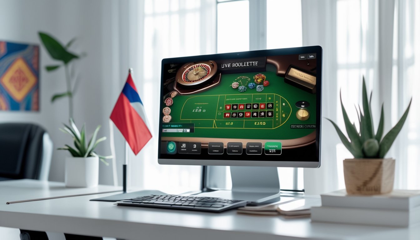 Seorang pengguna komputer dengan tampilan permainan roulette langsung di layar di ruang kerja yang rapi dan terang.
