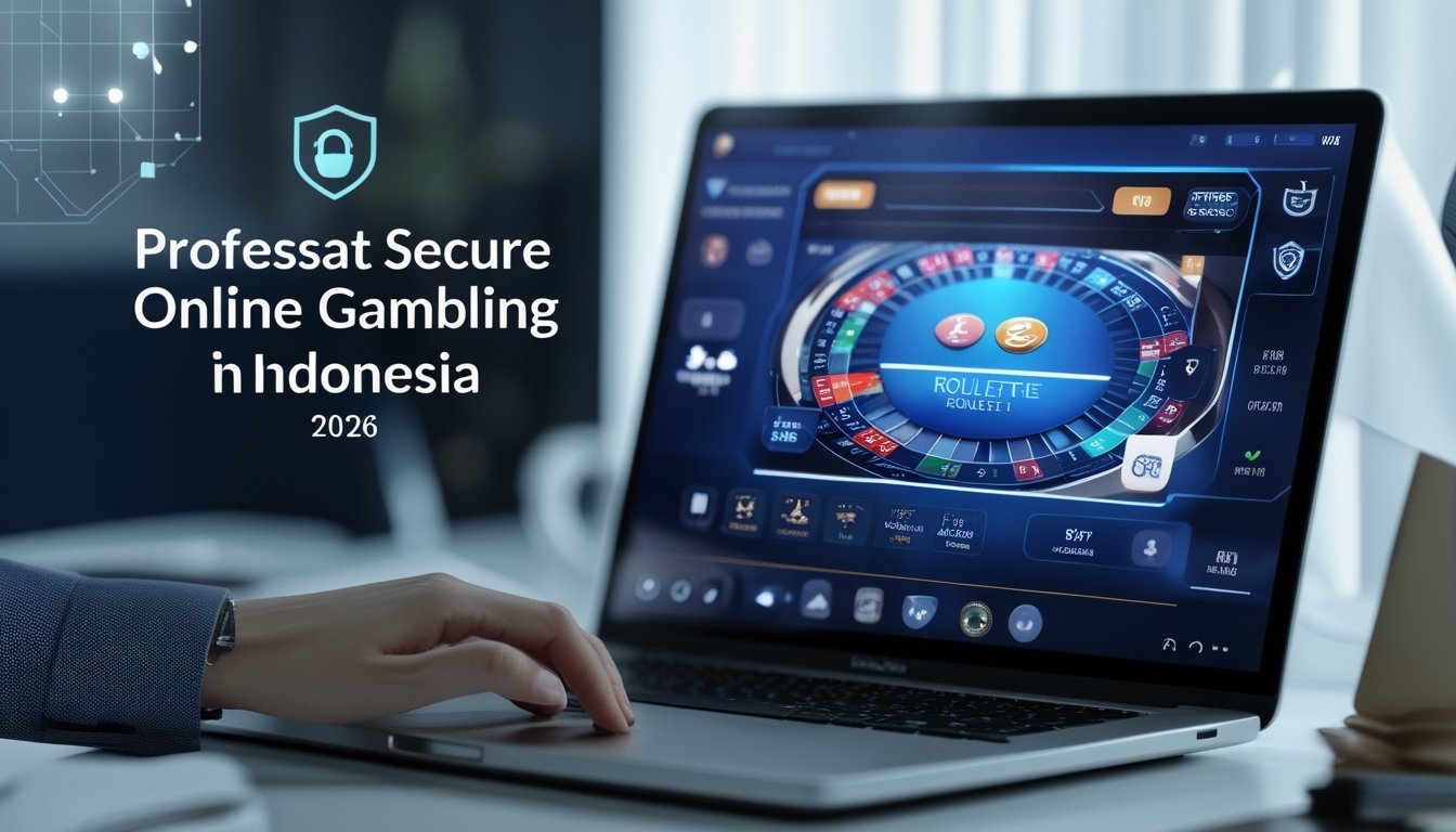Seorang pengguna duduk di depan komputer yang menampilkan permainan roulette langsung dengan simbol keamanan digital di latar belakang.