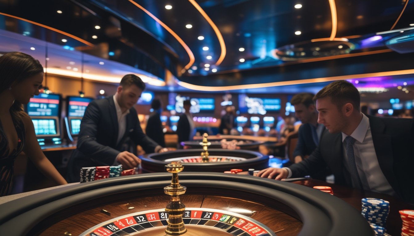 Meja roulette langsung dengan pemain yang fokus di kasino modern, roda roulette berputar dan bola putih bergerak.