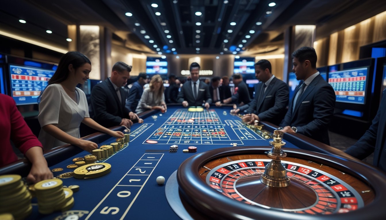 Meja roulette langsung di kasino modern dengan pemain dan dealer yang sedang bermain, roda roulette berputar, dan layar digital di latar belakang.