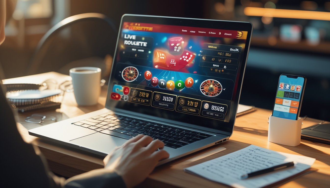 Sebuah meja kerja dengan laptop menampilkan permainan roulette langsung, ponsel dengan aplikasi taruhan, dan secangkir kopi.