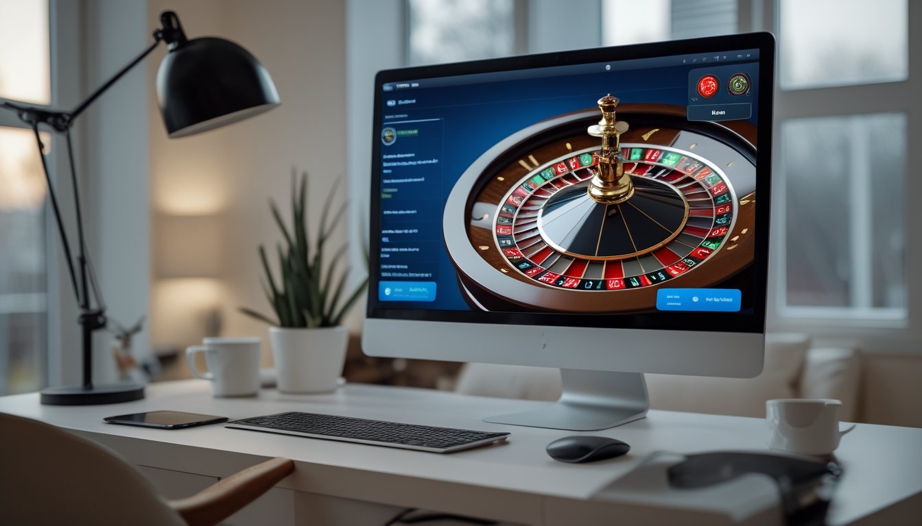 Seorang pengguna duduk di depan komputer dengan tampilan roda roulette digital yang sedang berputar di layar, di ruangan yang terang dan rapi.