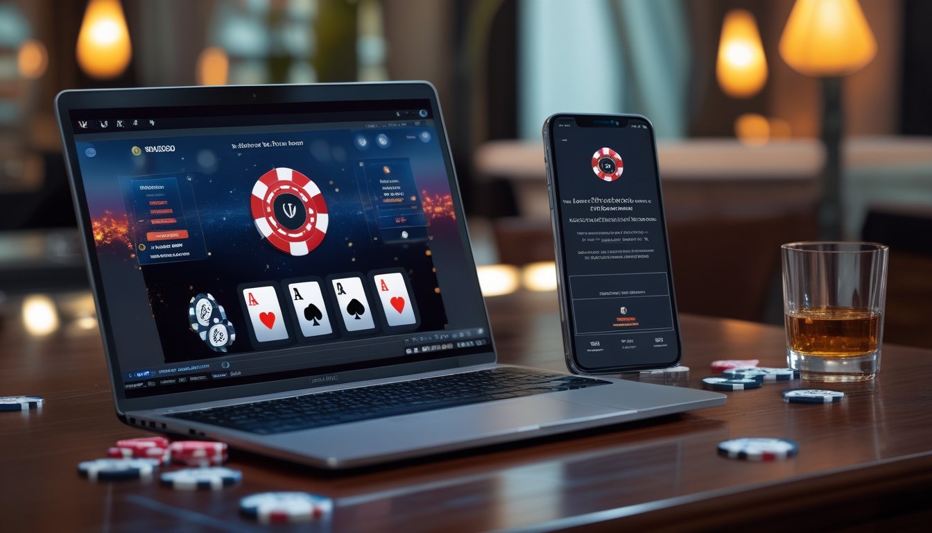 Sebuah laptop dan ponsel di atas meja kayu dengan tampilan permainan poker online dan chip poker di sekitarnya.