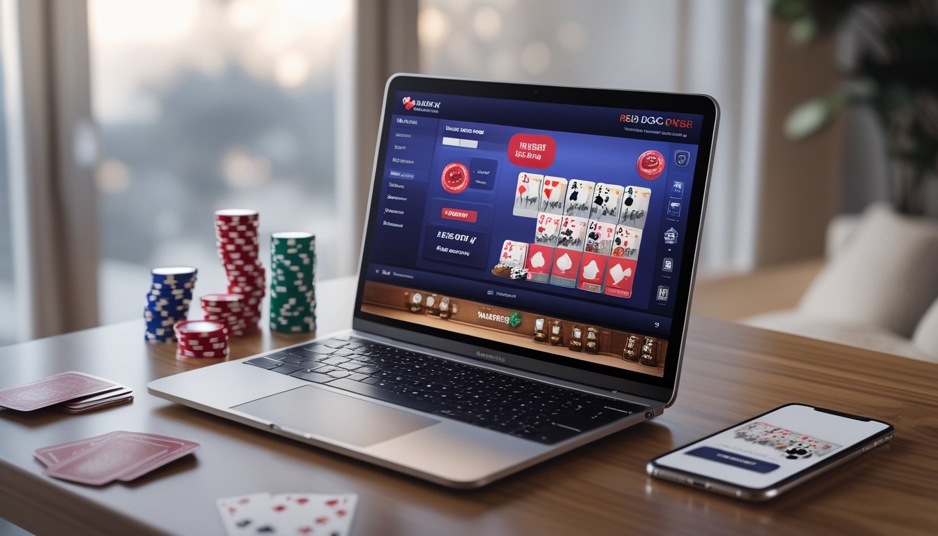 Seorang pemain poker online menggunakan laptop dengan tampilan permainan kartu dan chip poker di meja kayu yang rapi.