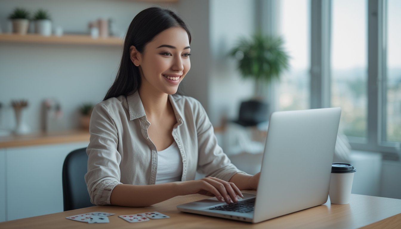 Seorang wanita muda duduk di meja dengan laptop, tersenyum sambil mendaftar di situs poker online, dengan kartu dan chip poker di dekatnya.