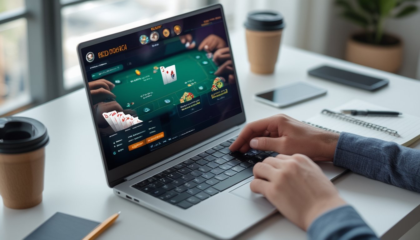 Seseorang menggunakan laptop di meja kerja yang rapi dengan tampilan permainan poker online di layar.