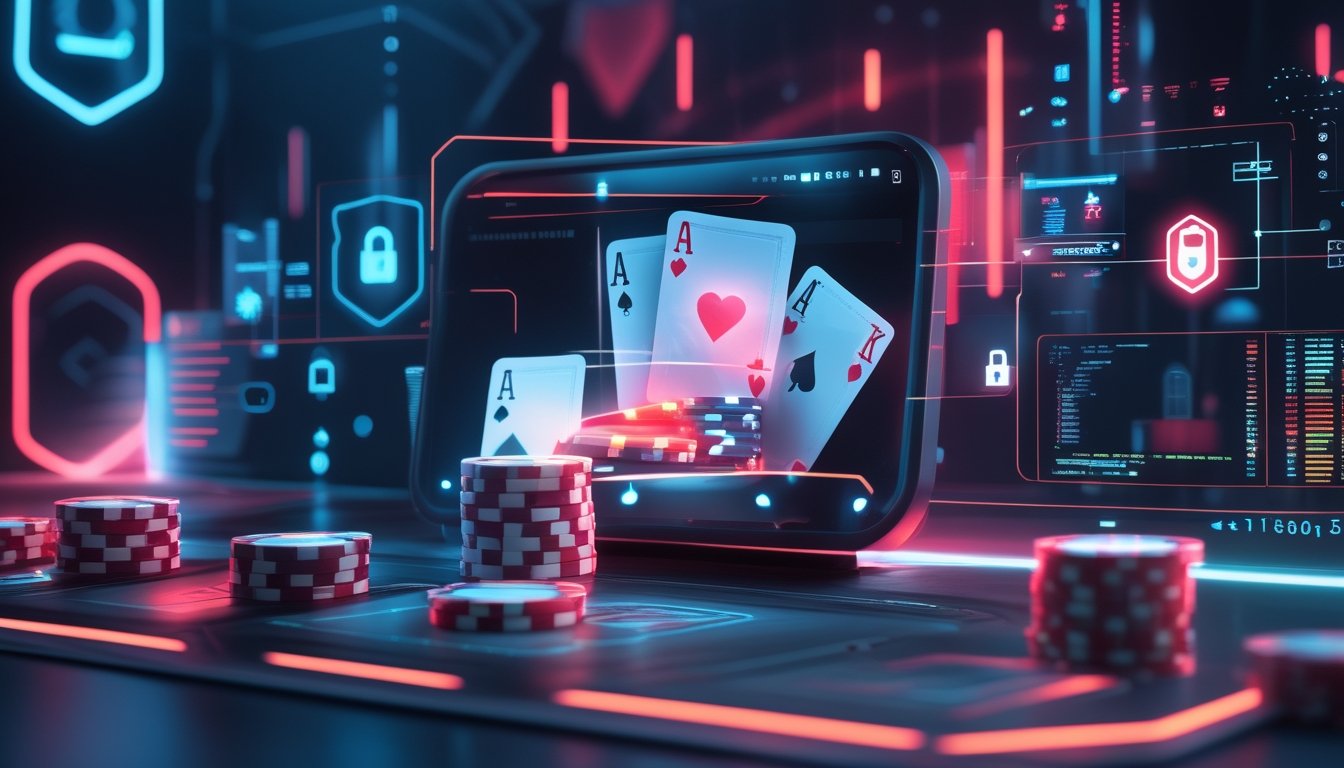 Antarmuka digital modern dengan kartu poker dan chip, latar belakang gelap dengan efek cahaya biru dan merah, serta simbol keamanan digital seperti gembok dan perisai.