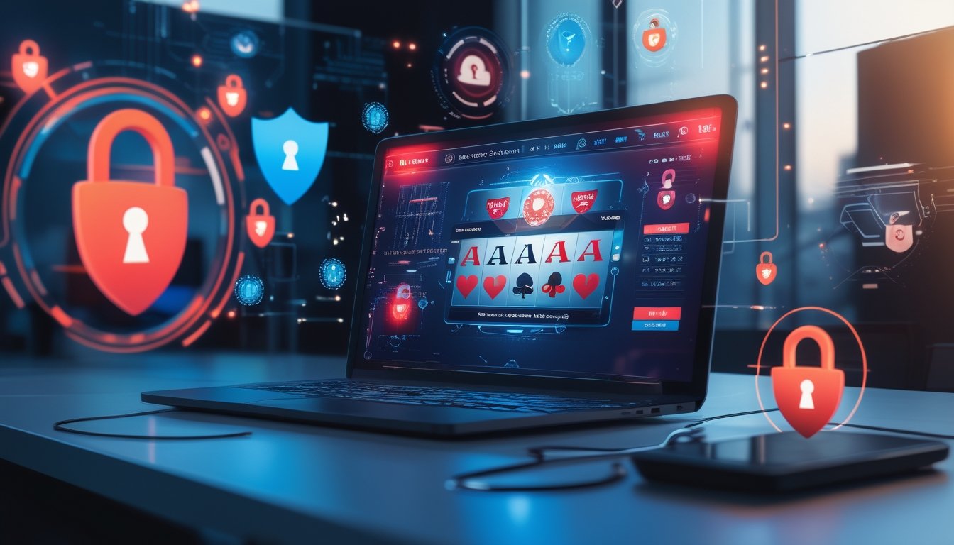 Sebuah laptop di meja modern menampilkan permainan poker online dengan ikon keamanan digital di sekitarnya.