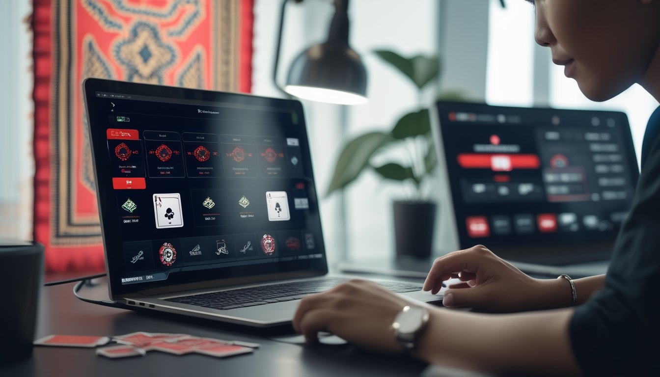 Seseorang menggunakan laptop dan ponsel untuk bermain poker online dengan latar belakang elemen budaya Indonesia.