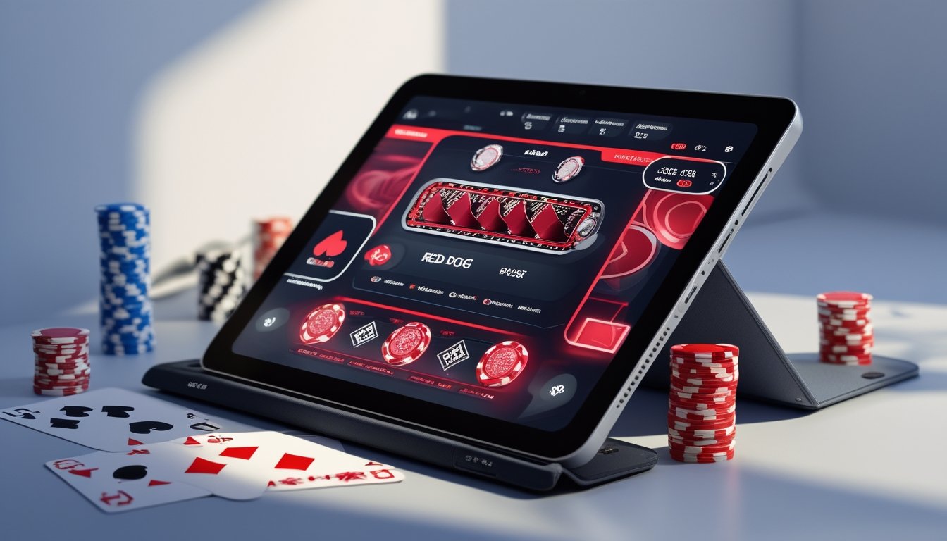 Sebuah meja dengan perangkat digital yang menampilkan permainan poker online dan beberapa chip serta kartu remi di sekitarnya.