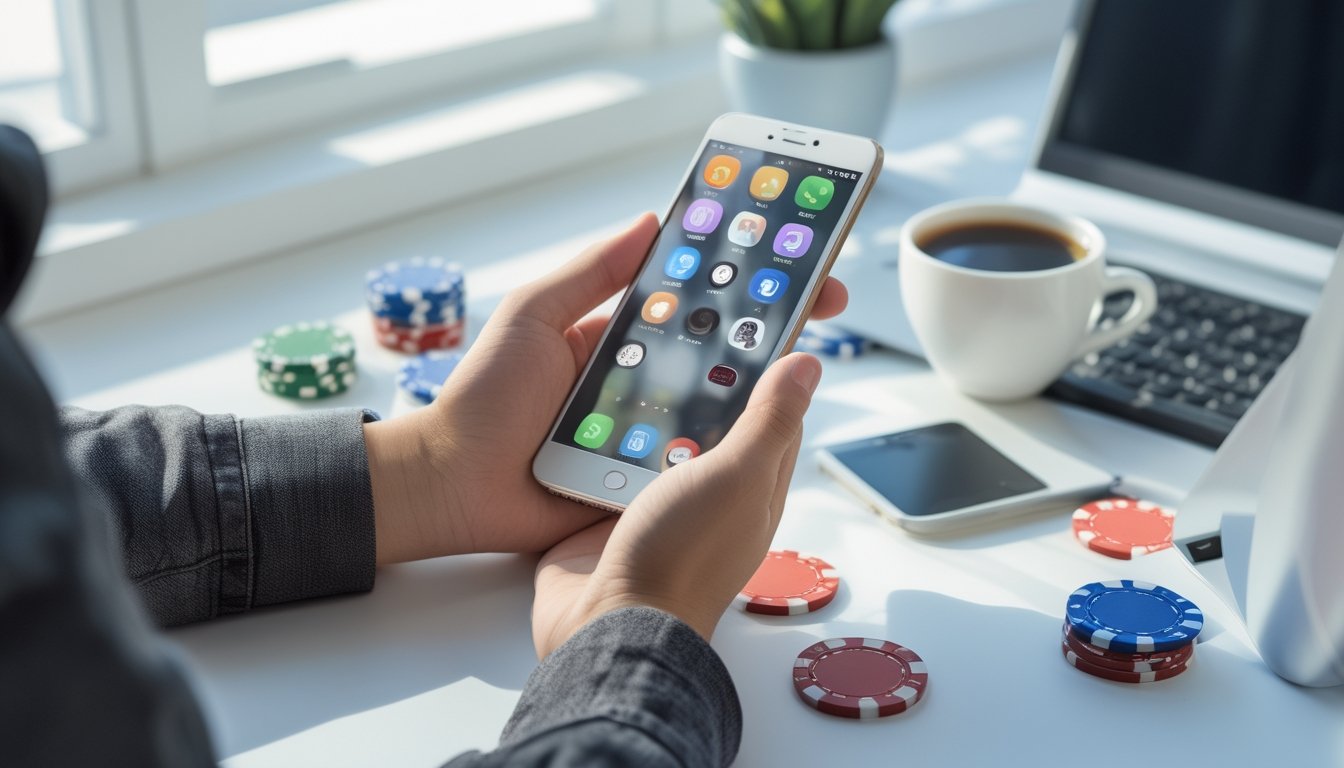 Seseorang menggunakan ponsel di meja dengan ponsel Android dan iPhone serta chip poker dan kartu bermain di sekitar.