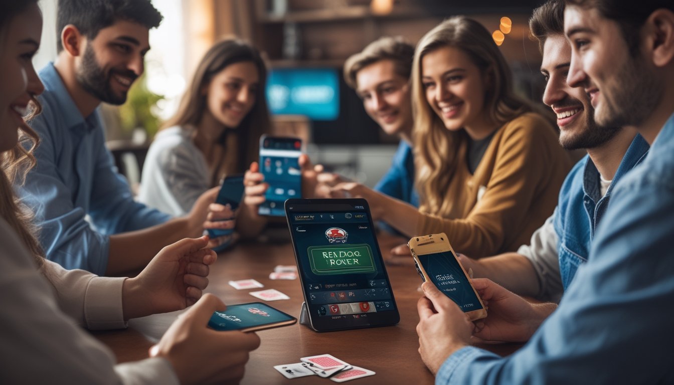 Beberapa orang muda sedang bermain poker online menggunakan ponsel di ruangan yang nyaman.