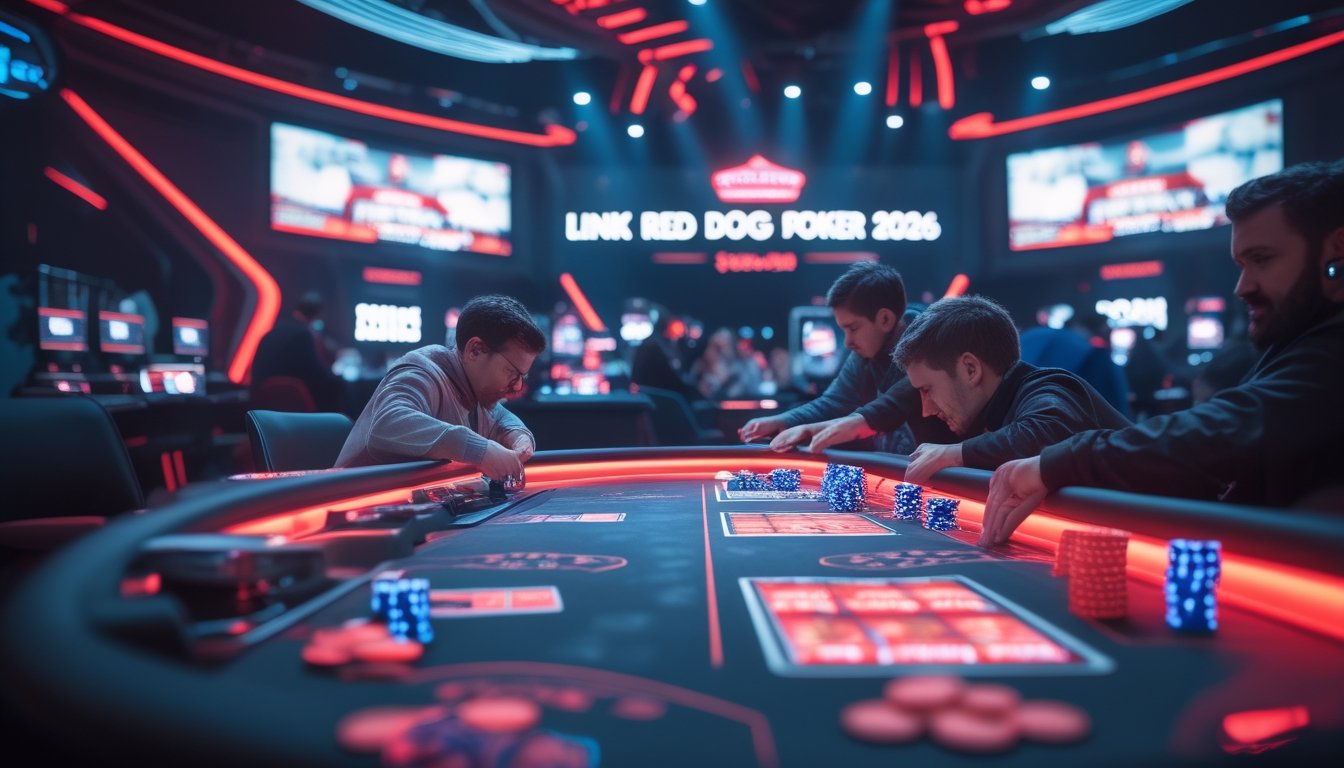 Beberapa pemain poker fokus bermain di meja poker digital dengan lampu LED merah dan biru di latar belakang kasino futuristik.