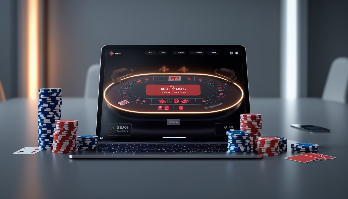 Sebuah meja poker digital yang ditampilkan di layar komputer dengan tumpukan chip dan kartu poker di sekitarnya, menggambarkan suasana turnamen poker online.