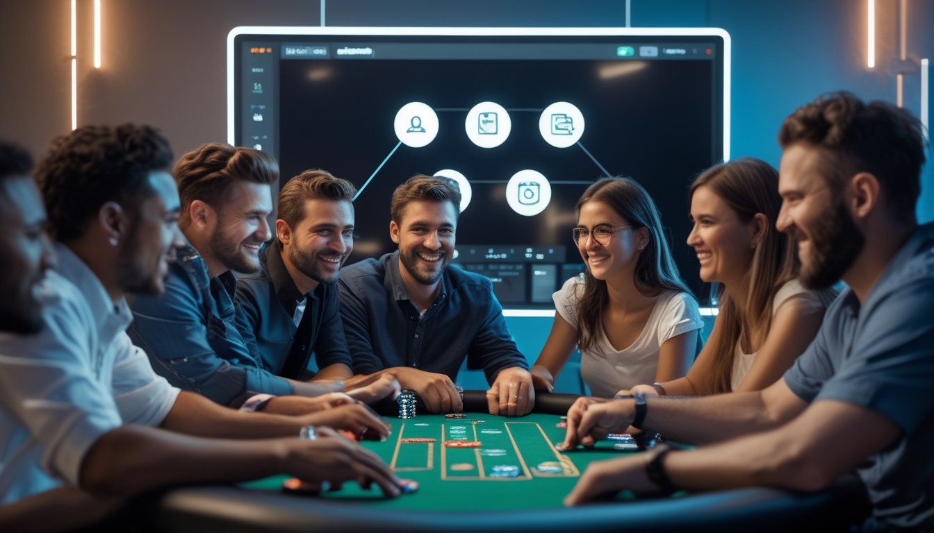 Sekelompok orang dewasa bermain poker secara online di meja digital dengan suasana yang ceria dan fokus.
