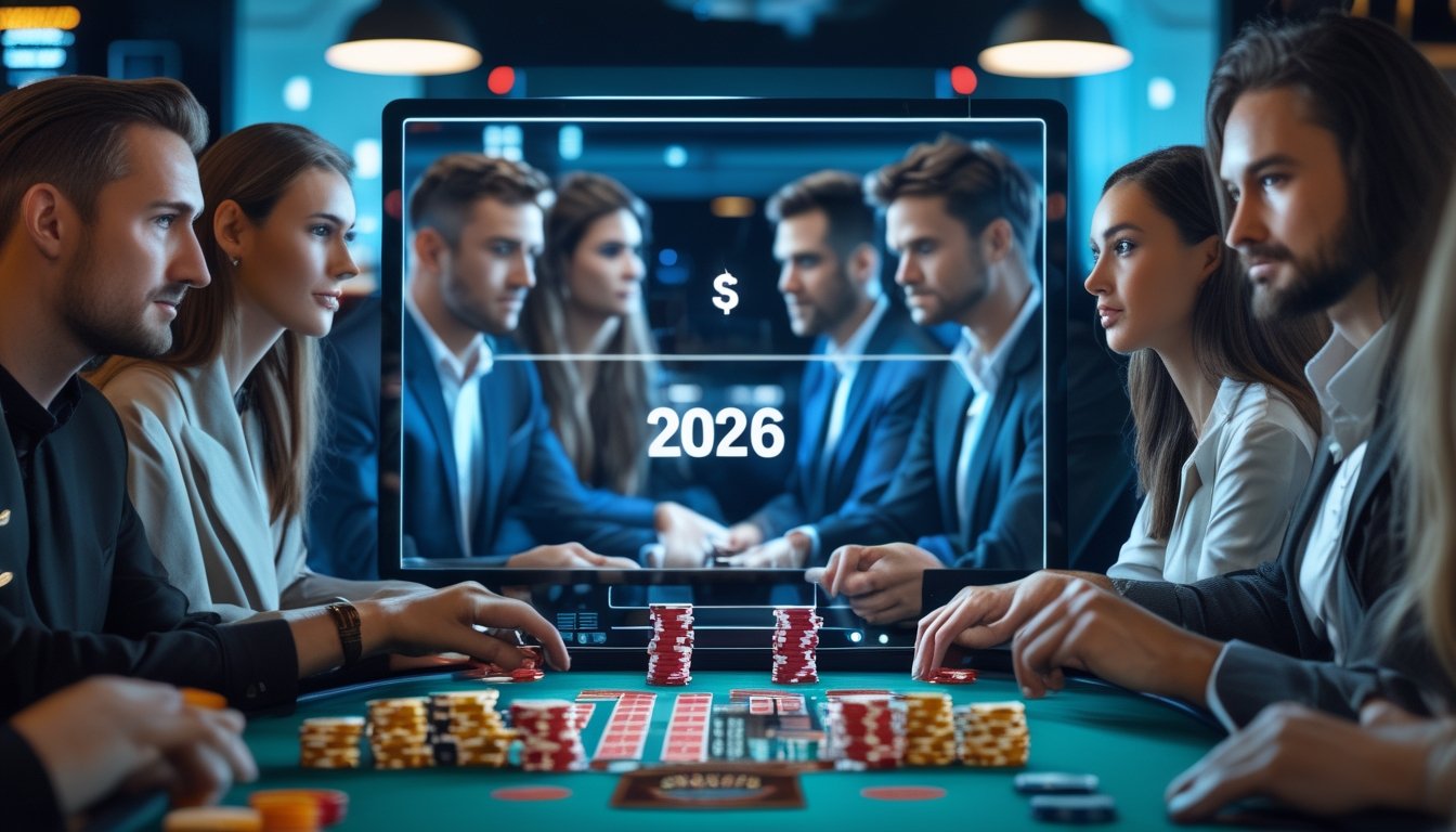 Sejumlah orang sedang bermain poker online di depan komputer di sebuah ruangan modern dengan pencahayaan terang.
