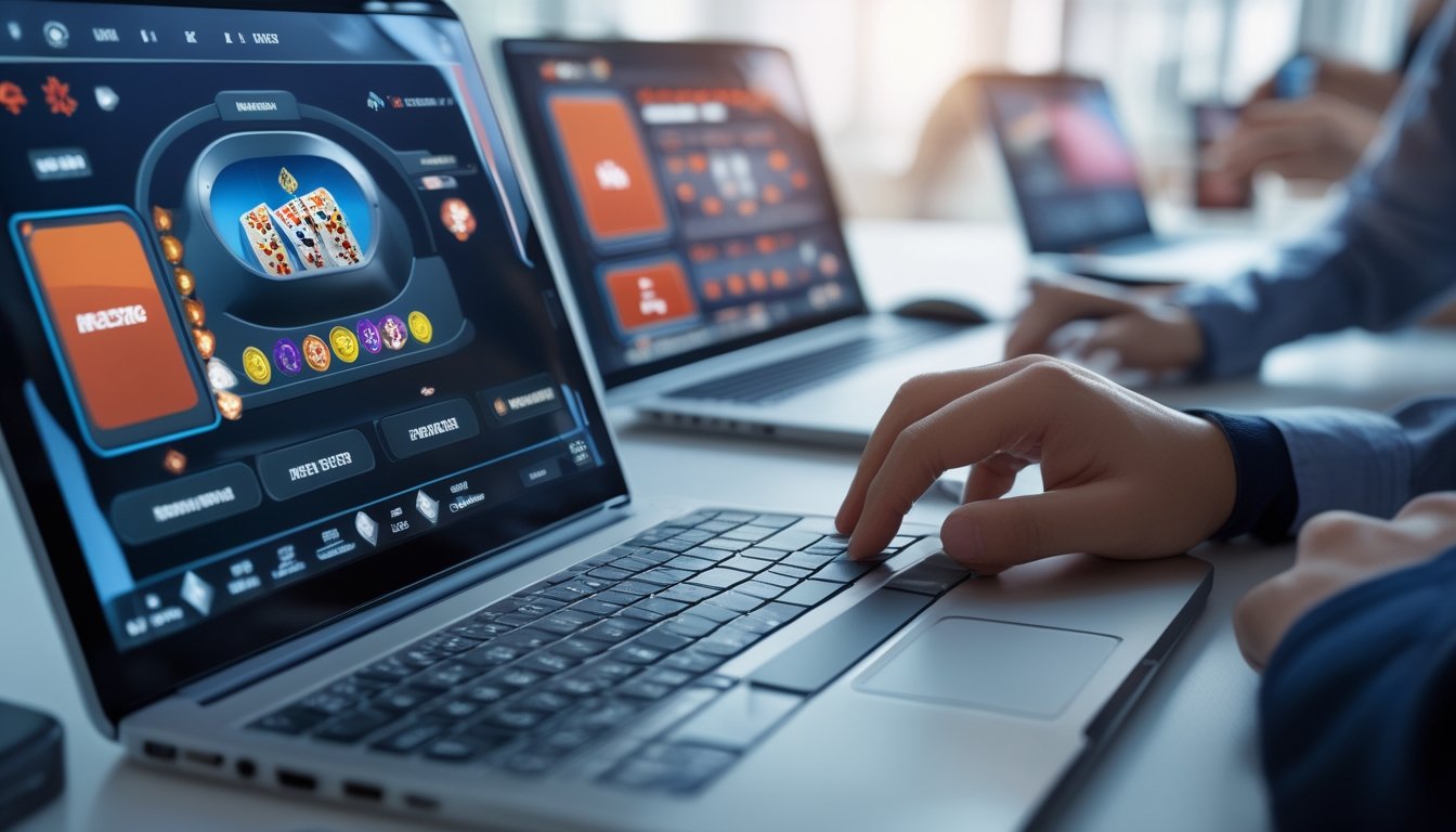 Tangan seseorang menggunakan laptop dan ponsel dengan tampilan permainan poker online di meja kerja yang rapi.