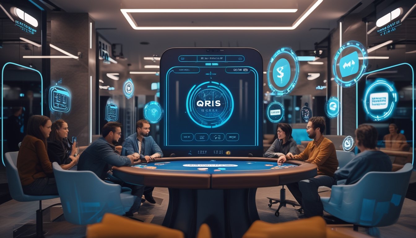 Orang-orang bermain poker online dengan perangkat digital dan ikon pembayaran elektronik di latar belakang.
