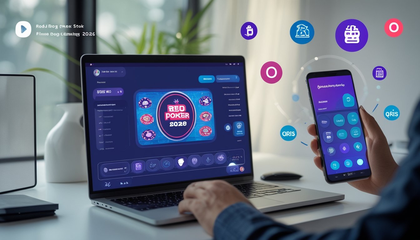 Seorang pengguna sedang bermain Red Dog Poker secara online dengan layar komputer menampilkan permainan, di sekitar terdapat ikon pembayaran digital seperti Dana, QRIS, dan dompet elektronik.