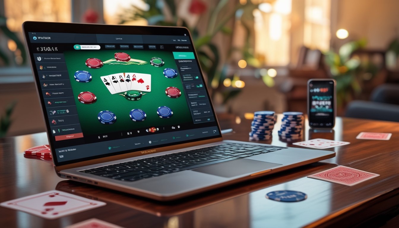 Seorang pemain poker online menggunakan laptop dengan kartu dan chip poker di meja dalam ruangan yang nyaman.