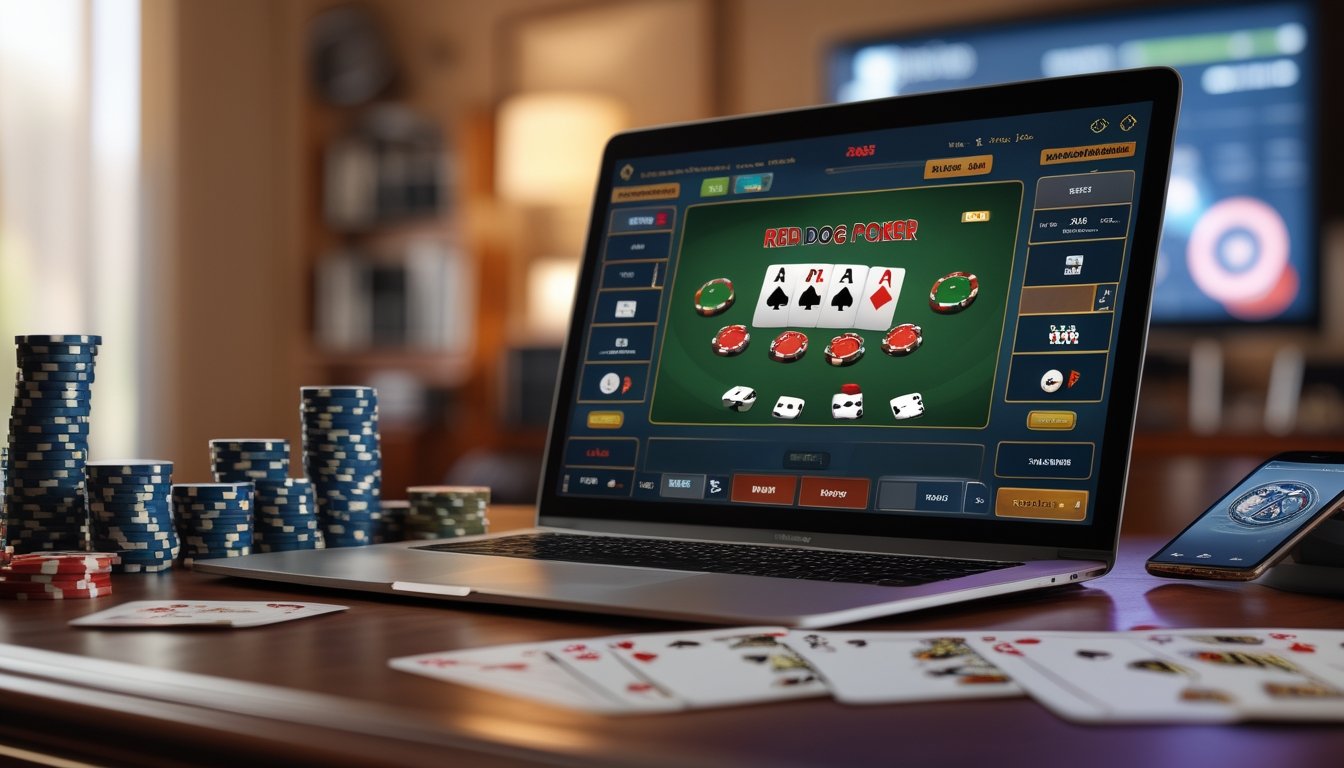 Meja poker dengan laptop menampilkan permainan poker online, tumpukan chip poker, kartu bermain, dan ponsel pintar di atas meja kayu.